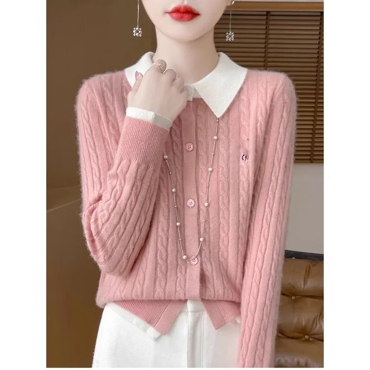 大码女装POLO领假两件拼接拼色针织开衫秋冬新款韩系长袖上衣6615