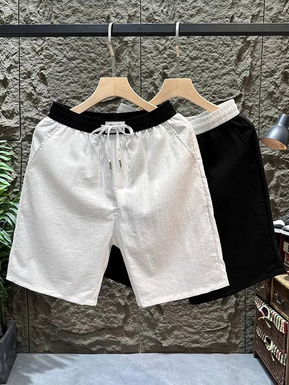 2025夏季高端天丝亚麻拼接运动休闲短裤男宽松轻奢沙滩五分中裤衩