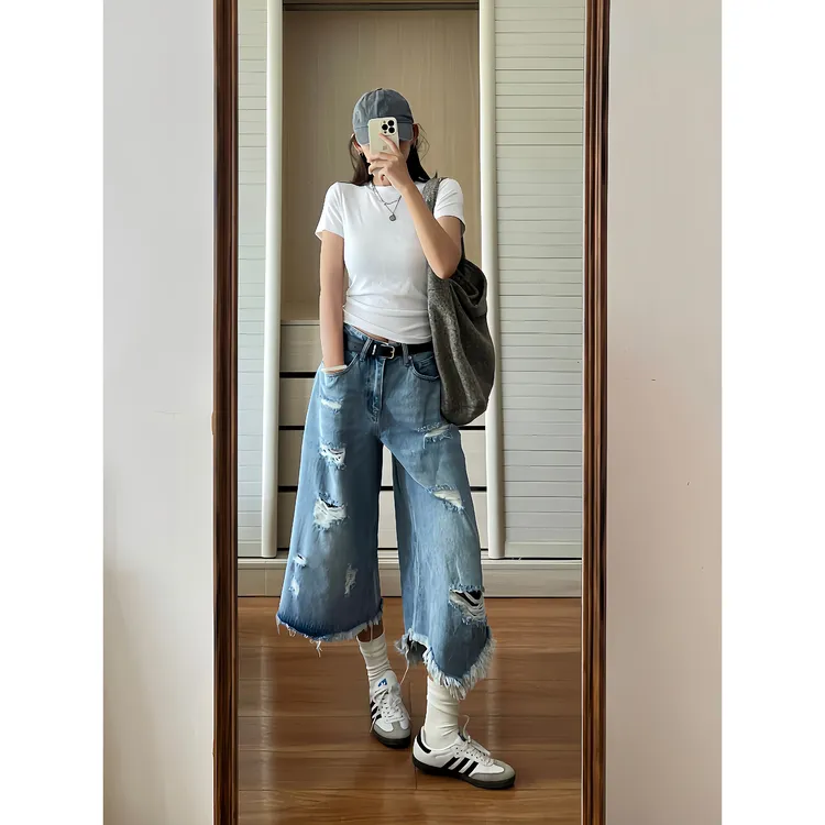 ESEWRD复古高街做旧破洞牛仔中裤男女宽松休闲vibe水洗百搭七分裤