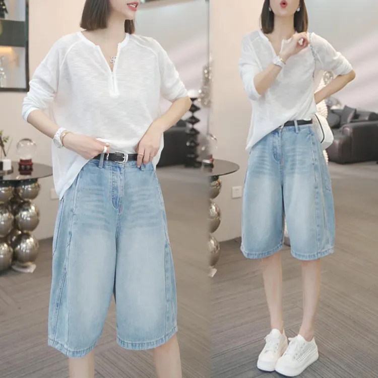 时尚百搭设计感套装女2025夏季新款防晒针织长袖牛仔五分裤两件套