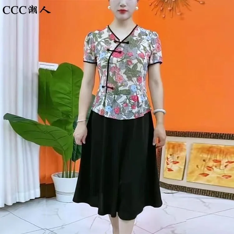 夏季新款妈妈复古民族风假两件连衣裙高档遮肚显瘦改良版旗袍裙子