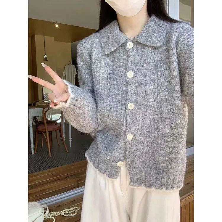 【丹姐家~翻领开衫】秋冬季钩花镂空针织开衫女外套