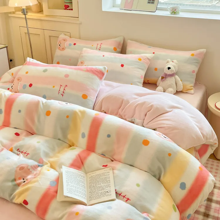 冬天韩式卡通加厚牛奶绒床上四件套冬季保暖加厚绒被套床单款