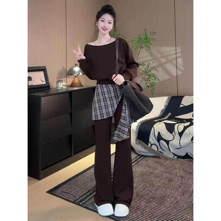 韩版高端休闲运动套装女秋季2025新款洋气显瘦斜肩卫衣长裤两件套