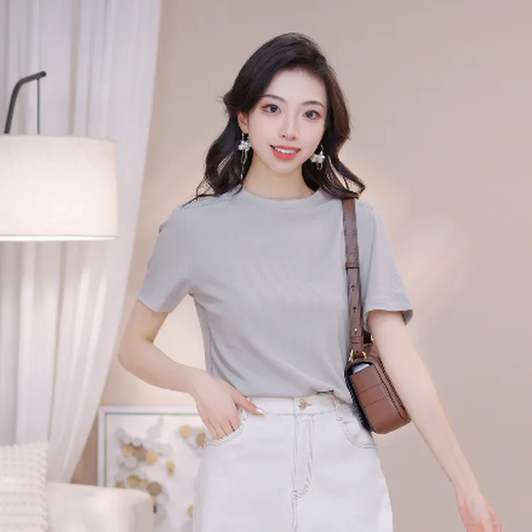 EP雅莹2025春装新款女装 罗纹针织肌理修身正肩圆领T恤上衣5355A