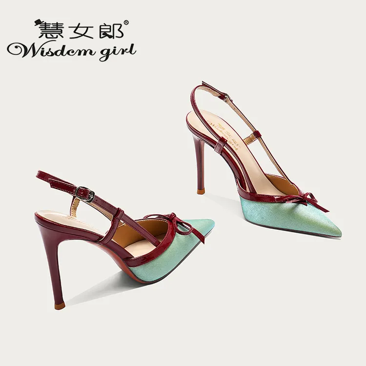 慧女郎2025新款酒红拼绿色尖头细跟浅口高跟鞋女蝴蝶结一字带单鞋