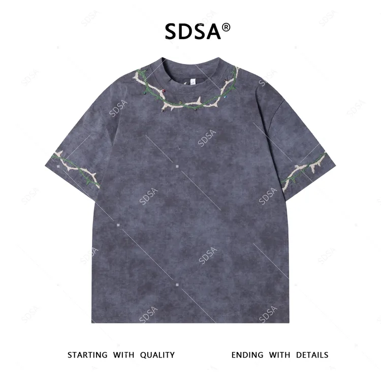 夏季高级感新款男士街头嘻哈领口刺绣荆棘圆领短袖T恤百搭上衣