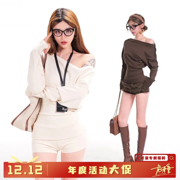 龙牙童推荐【杏仁奶心】早秋初恋温柔风套装显瘦长袖不规则斜肩休闲