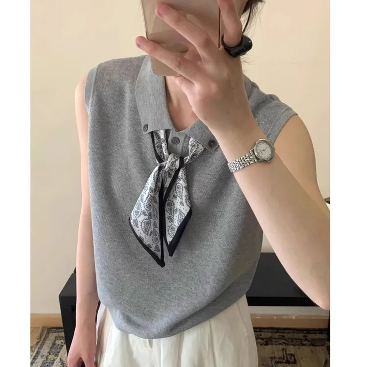2025夏季新款韩版气质小翻领纽扣配丝巾薄款无袖针织衫上衣女T恤