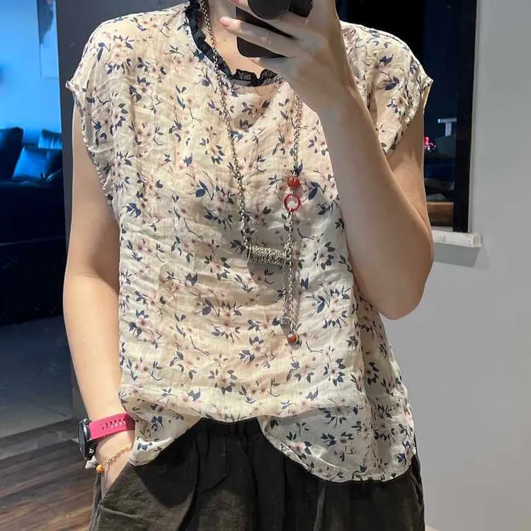 现货夏季原创文艺复古小清新碎花圆领套头宽松显瘦百搭苎麻上衣女