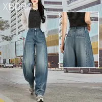 2025秋季新款蓝色高腰牛仔裤女爆款流行宽松显瘦时尚阔腿弯刀裤潮