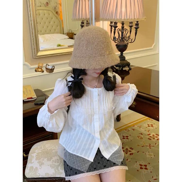 踏进银河 春夏甜妹设计感小众花边白色娃娃款衬衫小个子长袖衬衣