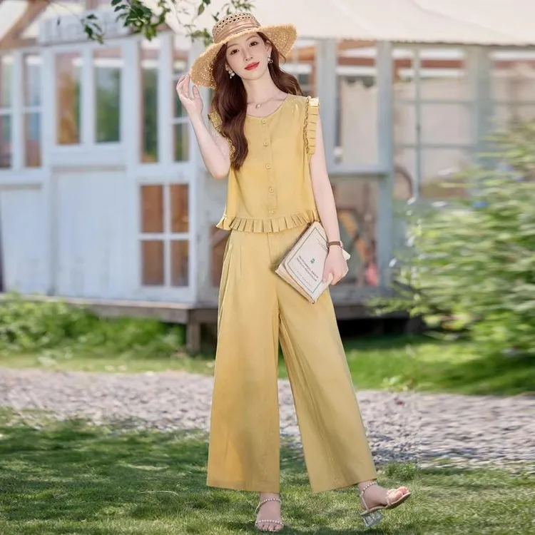 亚麻阔腿裤套装女2025夏季新款圆领木耳边无袖背心显瘦上衣两件套