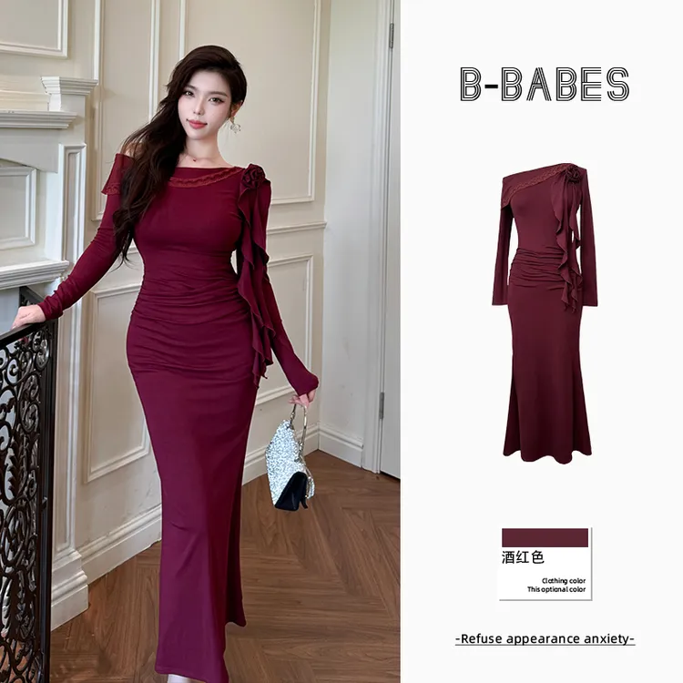 B-babes【酒渍玫瑰】斜肩长袖连衣裙气质显白纯色微胖修身包臀裙