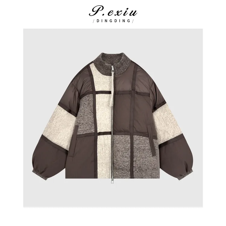 进口白鸭绒复古撞色拼接格纹宽松保暖羽绒服GE2390