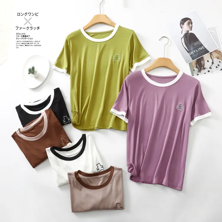 新款弹力棉圆领短袖t恤女夏装薄款针织刺绣上衣洋气设计感恤