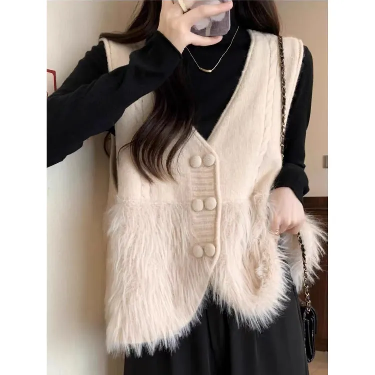 1686女V领马甲背心毛毛宽松针织衫百搭套头