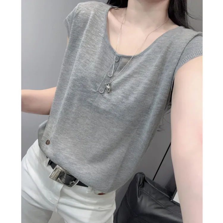 简约百搭冰丝针织衫短袖女时尚洋气宽松遮肚子显瘦飞飞袖上衣夏季