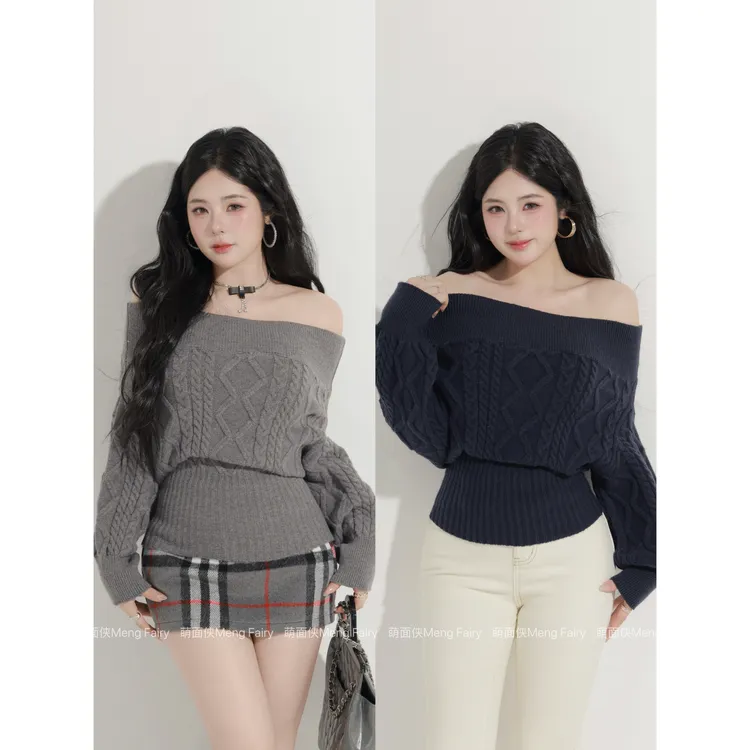 萌面侠【香肩陷阱】韩系坑条麻花保暖毛织上衣百搭呢子半裙70857118