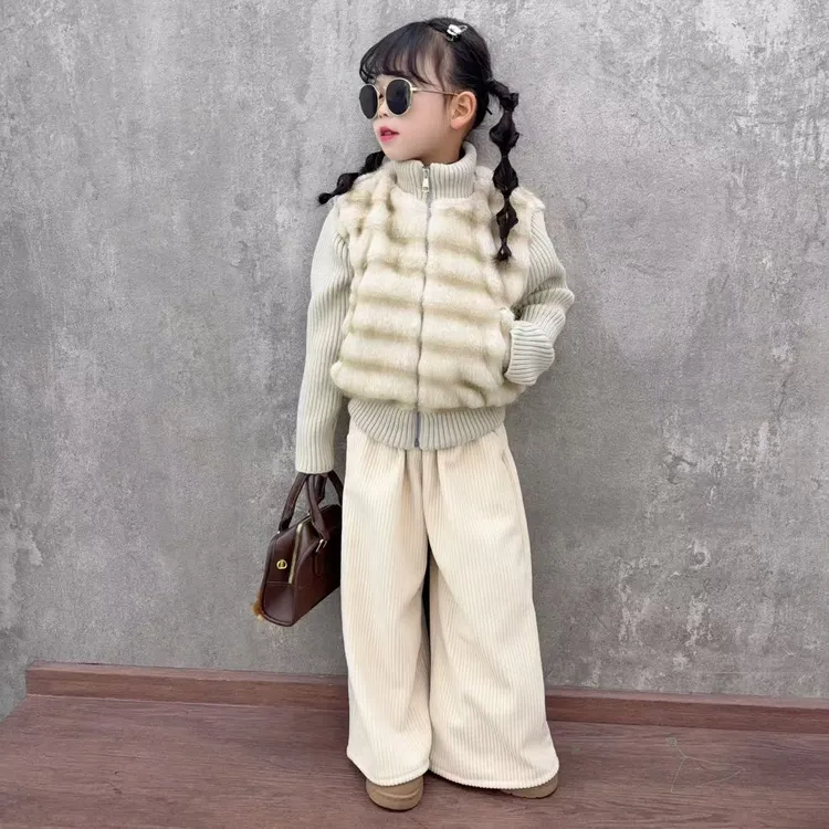 女童冬季新款毛毛外套裤子套装儿童加绒冬装拼接外衣长裤两件套