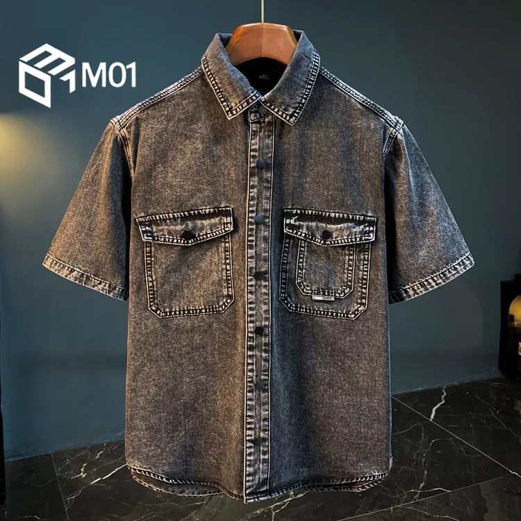 M01高端复古夏季短袖牛仔衬衫单排扣开衫翻领老钱风美式半袖衬衣