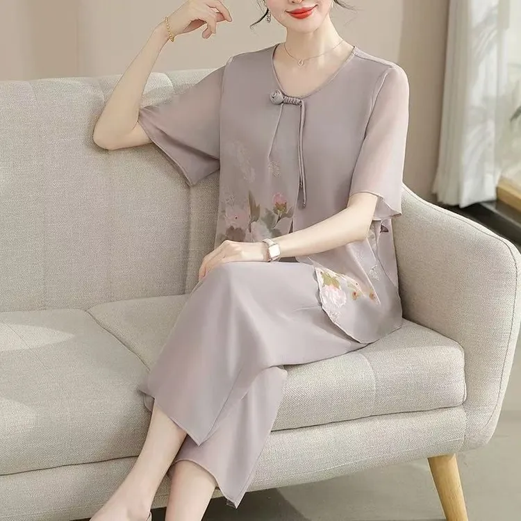 罗蒙妈妈装夏装新款中国风上衣洋气高贵衬衫中年女装宽松小衫套装