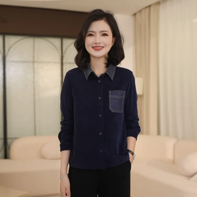 枫竺阿楠anan百搭翻领口袋弹力休闲长袖衬衫女秋冬新款内搭上衣