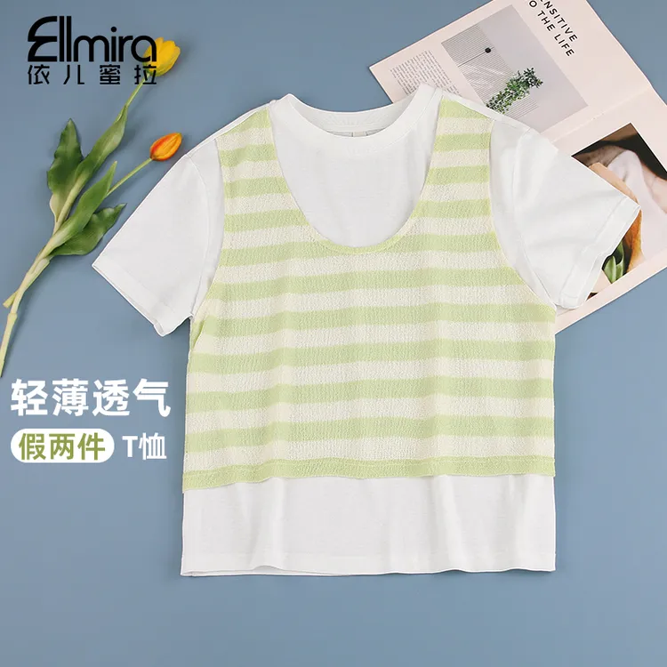 9315女童短袖t恤马甲假两件夏季上衣T恤圆领2025新款大童洋气薄款