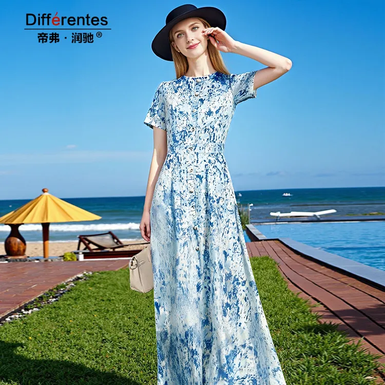 帝弗润驰夏季新款蓝色水墨提花连衣裙女收腰显瘦气质减龄长裙女
