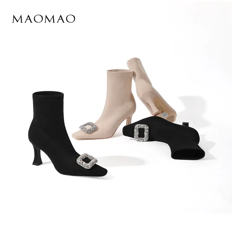 【跟高7cm】2025年冬季新款纯色方头高跟靴单靴套筒细跟时尚百搭