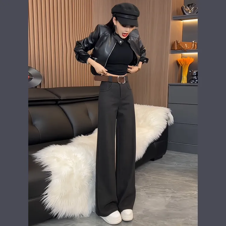 加厚秋冬休闲套装女宽松显瘦垂感拖地高腰皮衣外套直筒长裤两件套