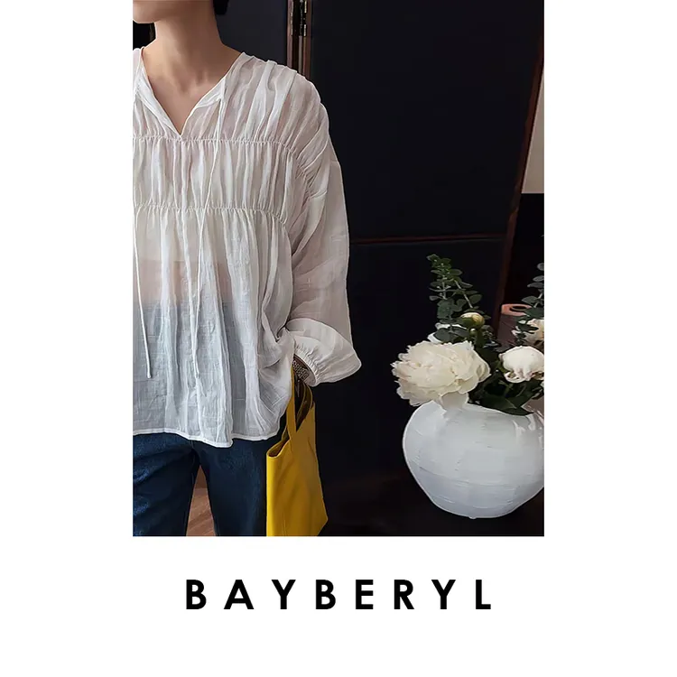 BAYBERYL老贝法式惬意*白色系带抽褶轻透气质衬衫NCY5D2731