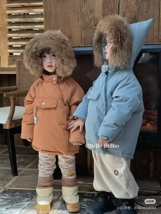 Bi8Bo Bebe2025正品精灵帽羽荣服 男童女童连帽大毛领
