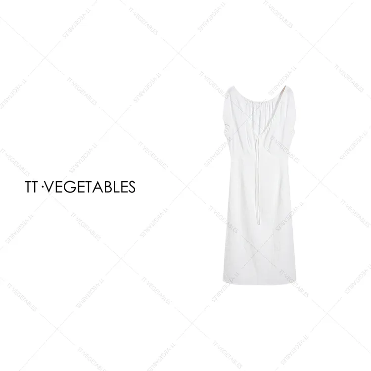 TT・VEGETABLES【序白】美亚  纯棉V领长款连衣裙收腰长裙512040
