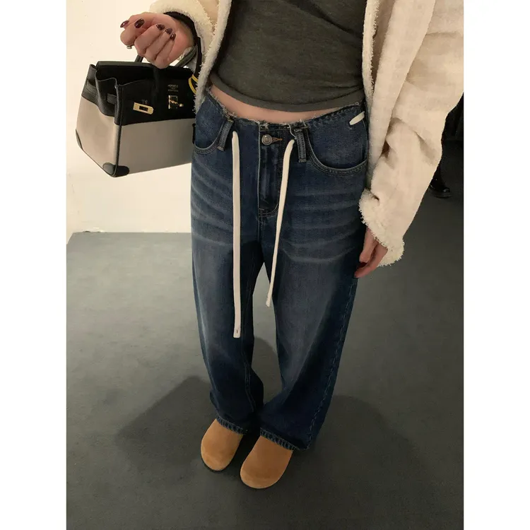 区区欧阳"蓝调老钱裤"超优比例！毛边植绒牛仔裤水洗抽绳拖地长裤