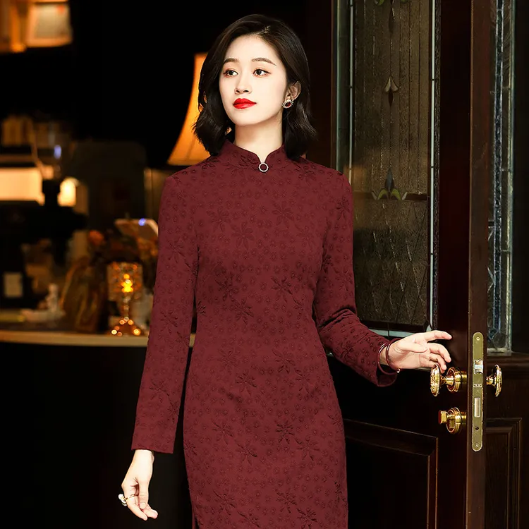 [千蚕云锦]复古旗袍新款女中国风日常改良长袖妈妈连衣裙230359