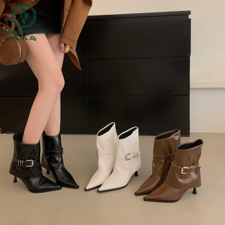 啄木鸟法式气质尖头高跟短靴女2025新款皮带扣细跟裤管靴骑士短靴
