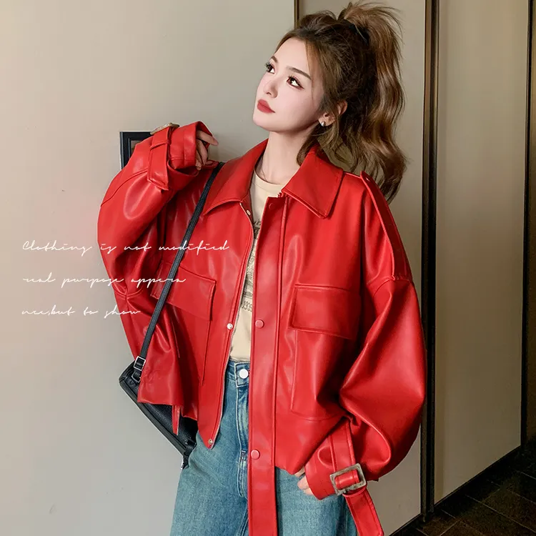 甜酷风红色皮衣外套女2025春秋新款小个子松弛感巨好看pu夹克上衣