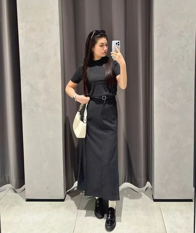 女士外贸气质通勤深灰色羊毛混纺褶裥A字型显瘦高腰中长半身裙