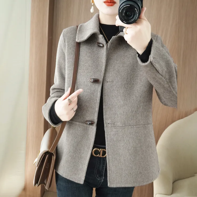 100%羊毛新款时尚气质牛角扣双面羊绒大衣外套女毛呢小个子妈妈装