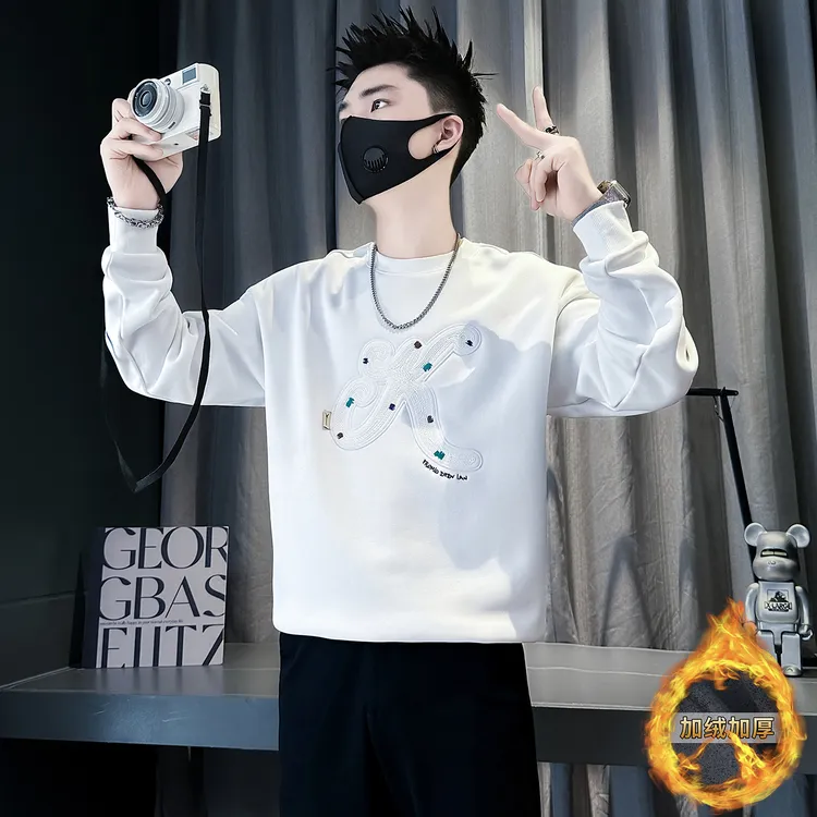 男士休闲加绒加厚卫衣刺绣保暖痞帅高级感长袖T恤圆领潮牌打底衫