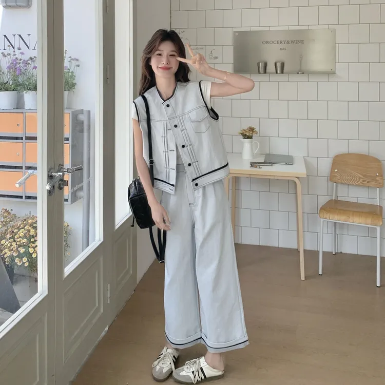 韩版时尚减龄小众设计感拼接马甲套装夏季新款高腰显瘦牛仔休闲裤