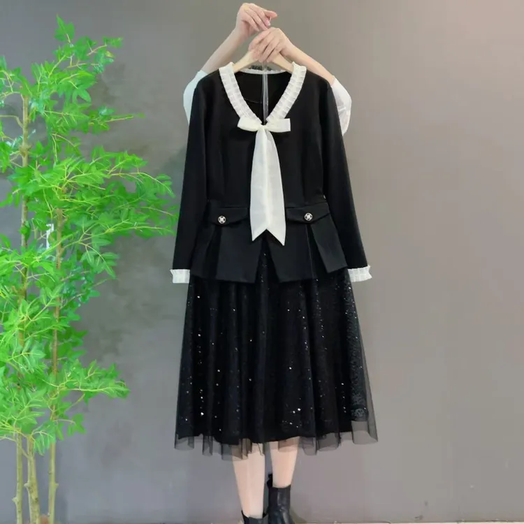 9515-2欧货气质优雅香风外套+吊带亮晶晶纱裙套装大码女装套装