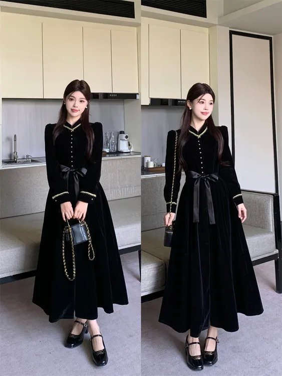 MO88ZSPF大码女装胖mm秋冬赫本风黑色长裙收腰显瘦气质丝绒连衣裙