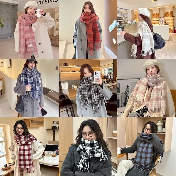 新款圈圈纱仿羊绒格子围巾秋冬男女情侣加厚保暖披肩围脖韩版百搭