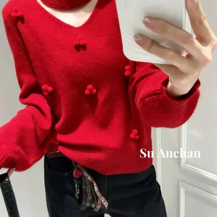【静姐家】韩系慵懒风红色挂脖宽松显瘦针织衫秋冬内搭上