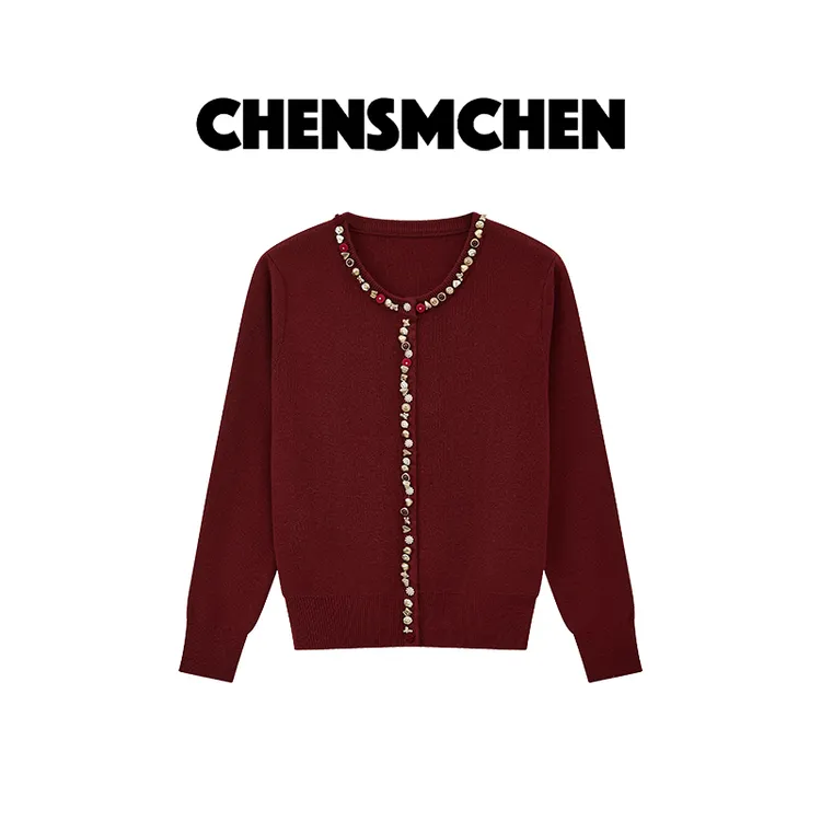 CHENSMCHEN100绵羊毛重工钉珠圆领针织衫女精致显瘦开衫CSZ5717TT