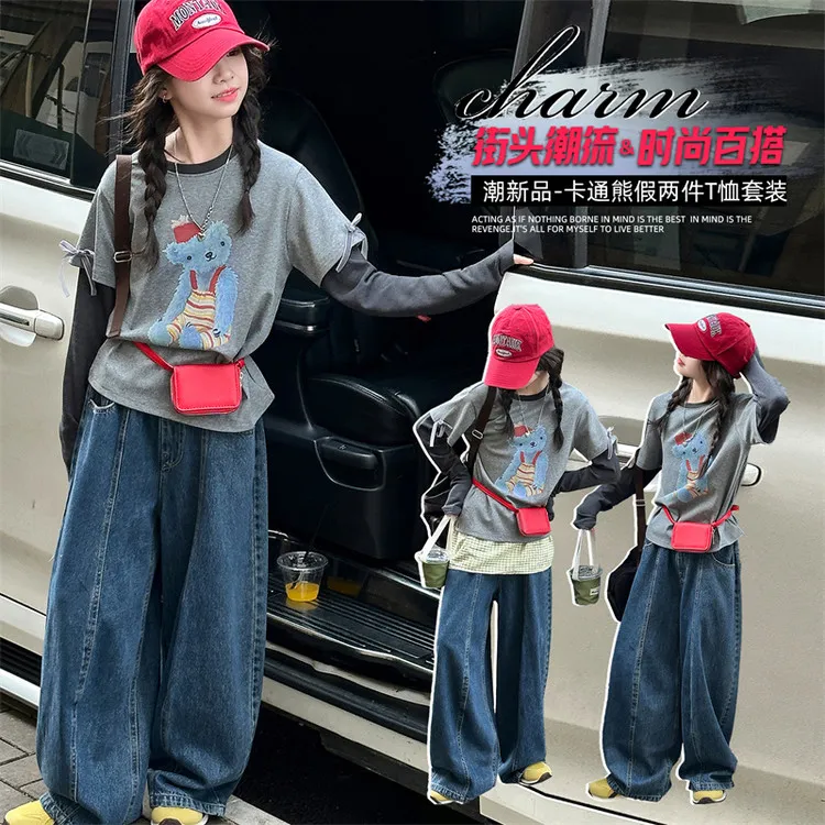 女童假两件上衣秋装套装2025新款儿童漂亮t恤女大童秋长袖打底衫