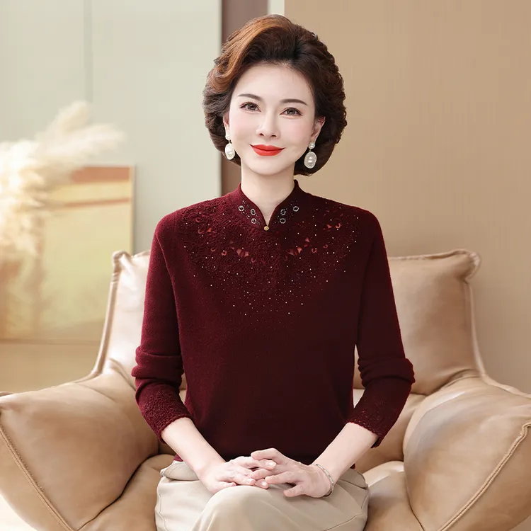 100%纯羊毛针织衫中年妈妈装套头打底气质中老年秋冬女士旗袍领