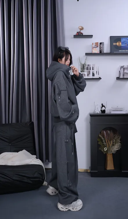 小众抽绳绑带设计感宽松连帽卫衣廓形重磅休闲套装阔腿裤套装男女